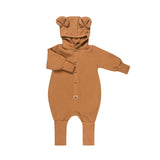 Cinnamon rust hooded baby romper, shown flat with the eared hood
