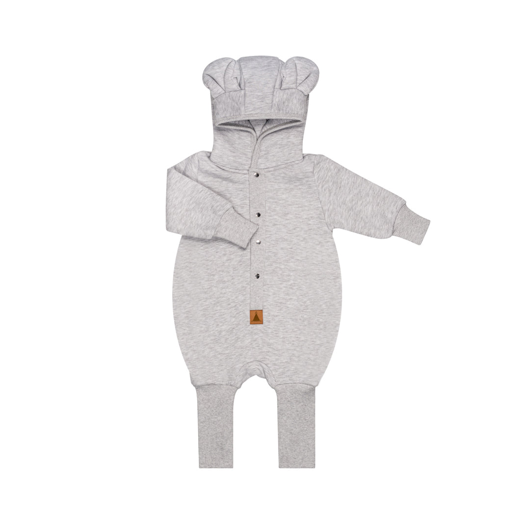 Grey marl hooded baby romper, shown flat with the eared hood and press studs