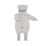 Grey marl hooded baby romper, shown flat with the eared hood and press studs