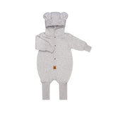 Grey marl hooded baby romper, shown flat with the eared hood and press studs