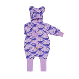 Lilac hooded baby romper printed with fennec foxes, shown flat