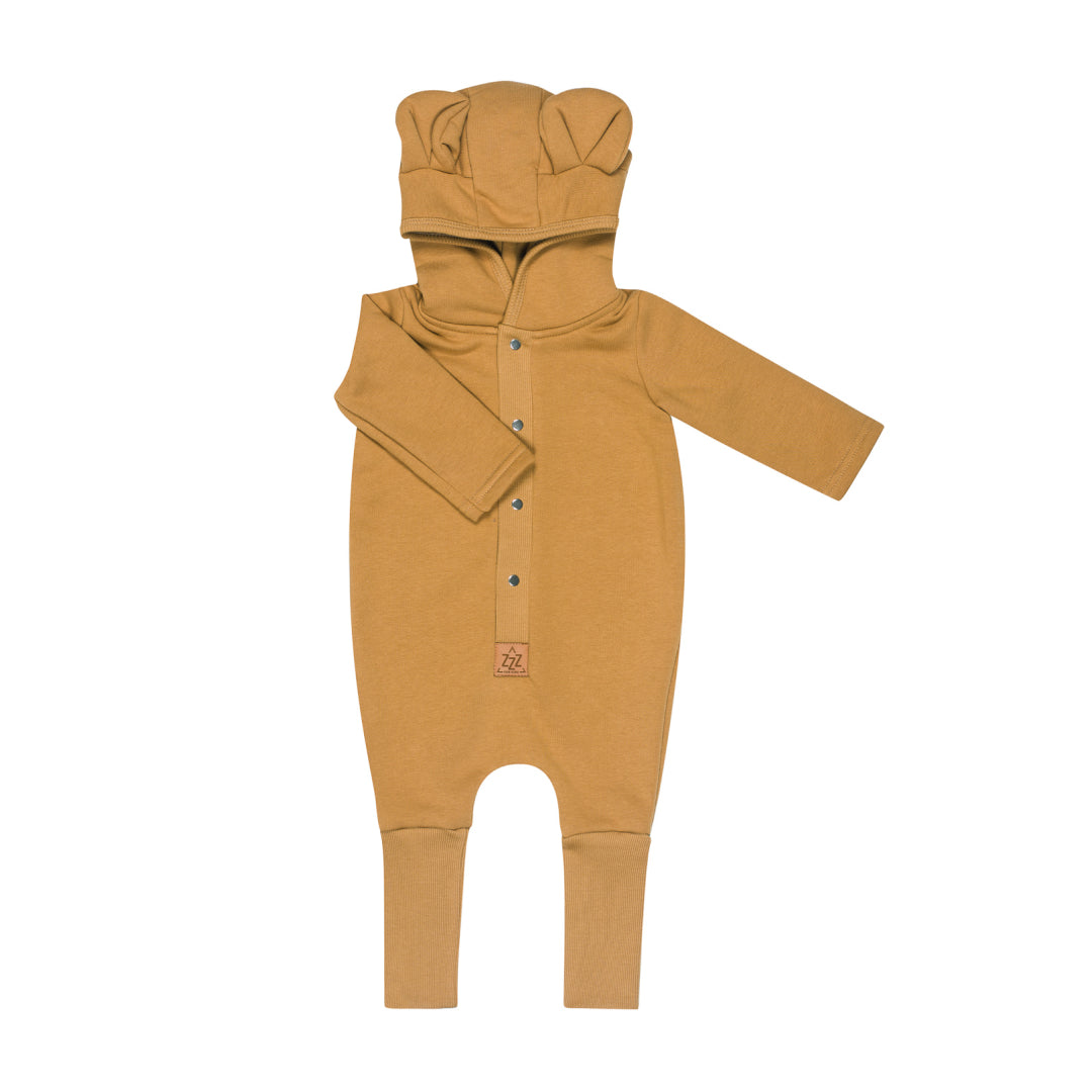 Soft golden mustard hooded baby romper, shown flat with the eared hood
