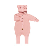 Dusty peach hooded baby romper, shown flat with the eared hood and press studs
