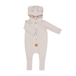 Pale sand hooded baby romper, shown flat with the eared hood and press studs