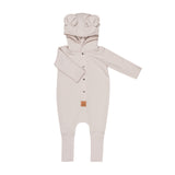 Pale sand hooded baby romper, shown flat with the eared hood and press studs