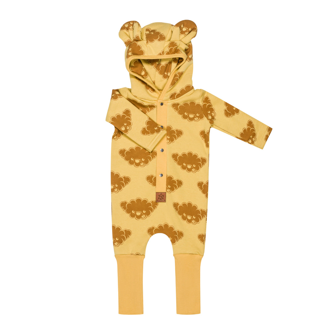 Soft yellow hooded baby romper printed with ochre clouds, shown flat